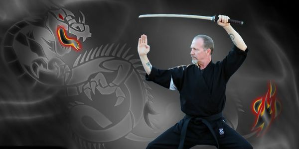 A martial artist poses with a katana against a dragon-themed smoky background.