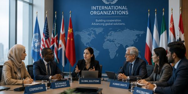 A diverse group discusses global issues at an international organizations meeting.
