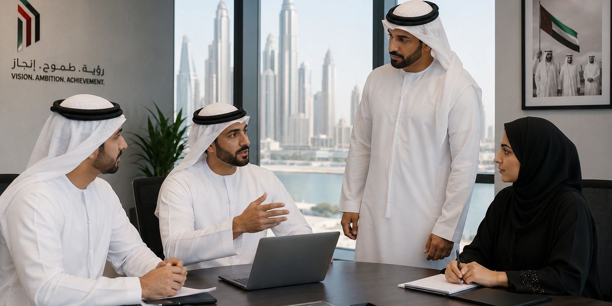 Four Emirati professionals engaged in a business meeting in a modern office with Dubai skyline views.