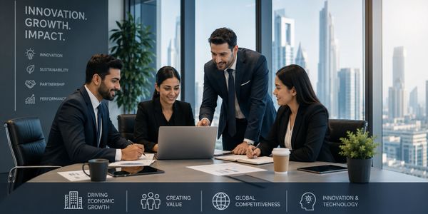 Four professionals collaborating around a laptop in a modern office.