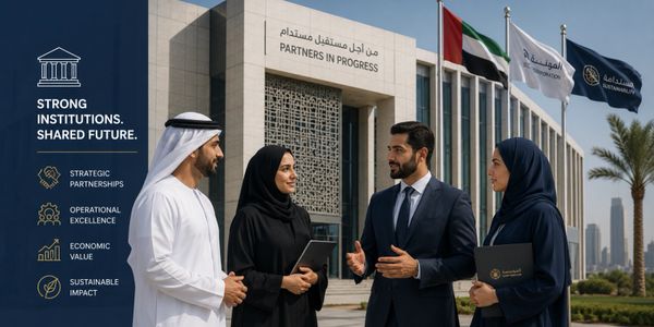 Four professionals in traditional and business attire discuss outside a modern institutional building.