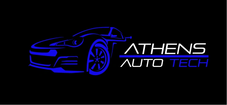 Logo of Athens Auto Tech featuring a sleek blue car on black background.