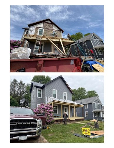 Before and after photos of a house renovation focusing on porch and siding.