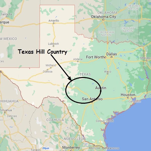 Map highlighting the Texas Hill Country area between Austin and San Antonio.