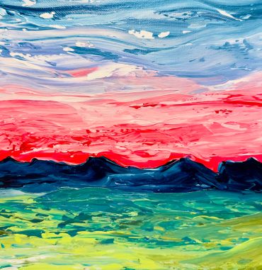 Abstract landscape painting with vibrant colors.