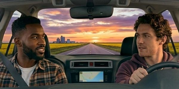 Two men in a car at sunset, driving down an open road.