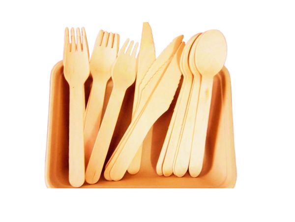 Set of wooden cutlery including forks, knives, and spoons in a tray.