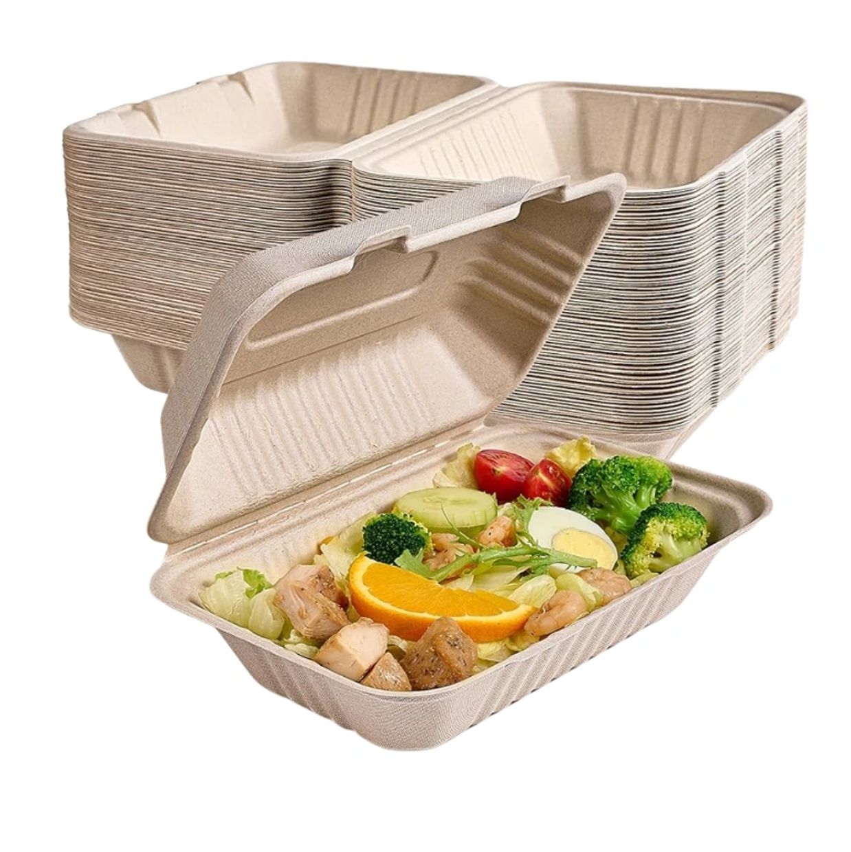Eco-friendly disposable food containers with a fresh salad inside.