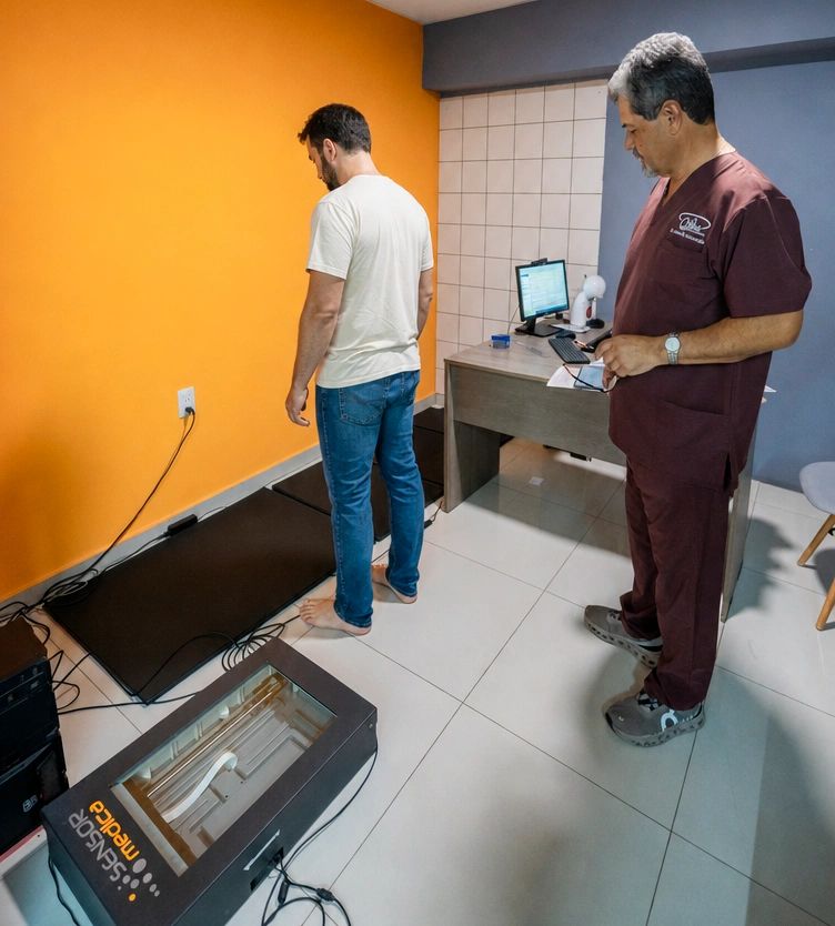 Hombre en consulta médica utilizando una máquina de análisis de pisada.