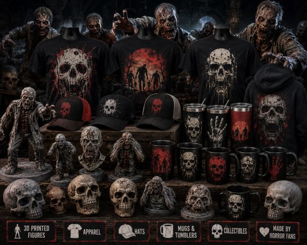 Zombie-themed apparel and collectibles with skull designs.