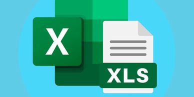 Icon representing Microsoft Excel and XLS file format on a blue background.