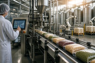 Automated packaging of various beans in a modern factory.