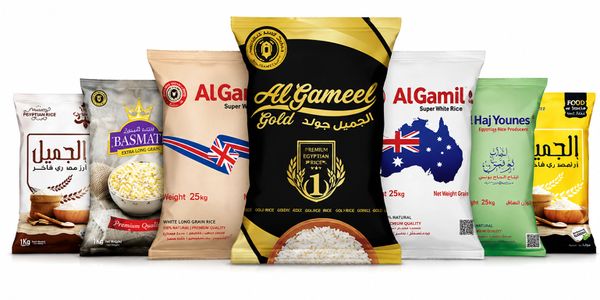 Various Al Gamil rice packages in different sizes and designs.