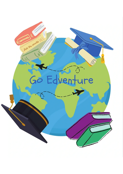 Illustration of a globe with books, graduation caps, and the phrase 'Go Edventure'.