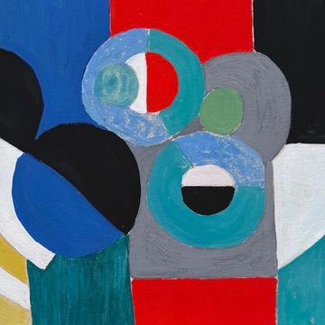 Geometric abstract tempera painting with colorful circles in Sonia Delaunay style for online auction