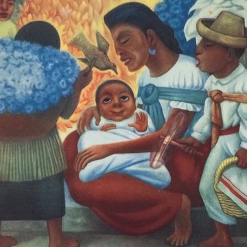 Social Realist family and flower sellers lithograph in Diego Rivera style for online art auction