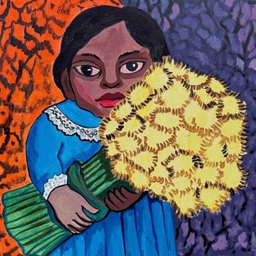 Mexican Modernist girl with flower bouquet goache painting in Diego Rivera style for online auction