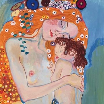Austrian Modernist mother and child gouache painting in Gustav Klimt style for online art auction