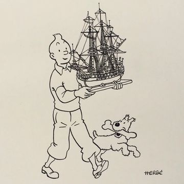 Drawing Tintin and Milou with Unicorn boat Herge Belgian comics children art