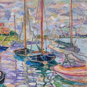 French Impressionist marine painting with boats in Claude Monet style for online art auction