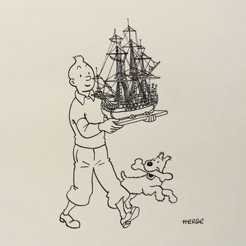 Drawing Tintin and Milou with Unicorn boat Herge Belgian comics children art