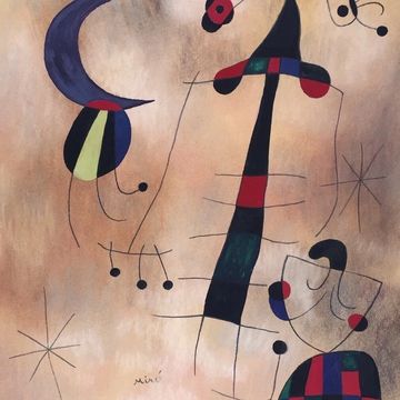 Surrealist biomorphic abstract painting in Joan Miro style for online art auction