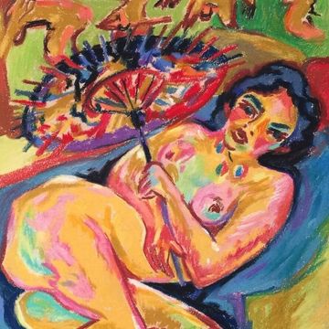 Expressionist reclining nude study painting in Ernst Ludwig Kirchner style for online art auction