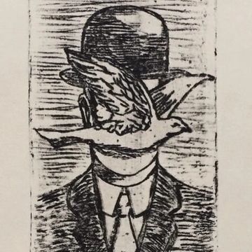 Surrealist man in bowler hat linocut etching in Rene Magritte style for online art auction