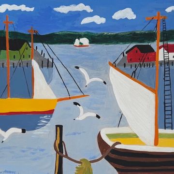 Naive Folk art harbor painting with boats for online art auction