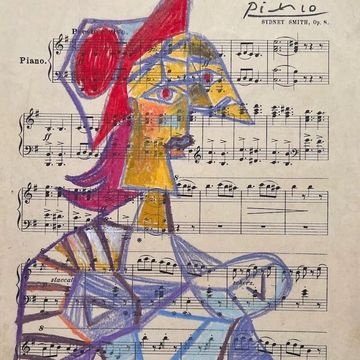 Cubist portrait pastel drawing on sheet music in Pablo Picasso style for online art auction