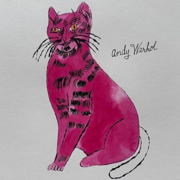 Pop Art pink cat lithograph drawing in Andy Warhol style for online art auction
