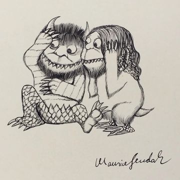 Iconic monsters scene ink drawing in Maurice Sendak style for online art auction