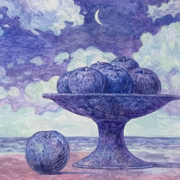 Belgian Surrealism tempera still life painting in Rene Magritte style for online art auction