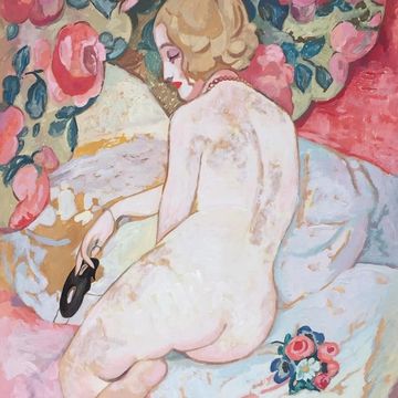 Painting nude woman on a bed Gerda Wegener Danish illustrator erotic art masquerade