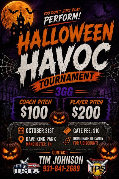 Halloween Havoc 3GG softball tournament flyer with details and spooky design.