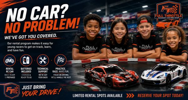 Kids enjoying RC car racing with easy rental and support at Full Throttle Raceway.