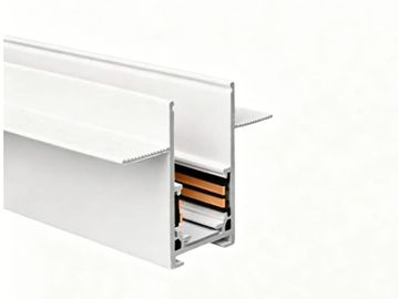 White aluminum track with internal copper conductors for lighting systems.