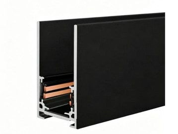 Black aluminum profile with copper conductors inside, used for electrical rail.