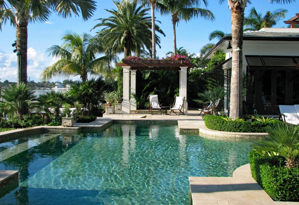 custom swimming pool, arbor, pergola, tropical landscape, custom pool deck, sun deck