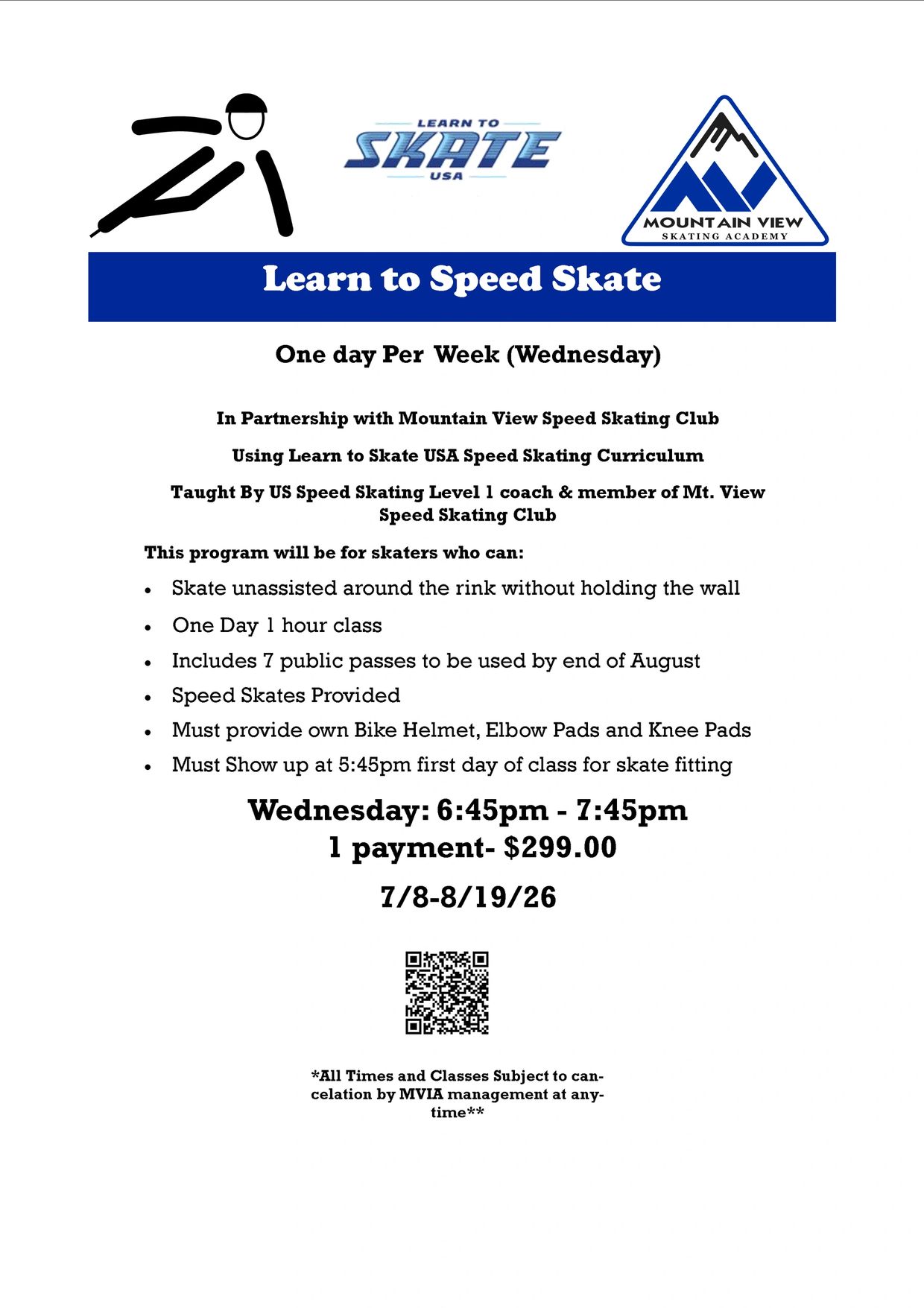 Flyer for Learn to Speed Skate class on Wednesdays, $299.