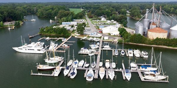 Aerial view of a marina with boats docked and lush greenery in the background.