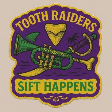 Colorful Tooth Raiders emblem with trumpet, sword, bone, and shark fin.