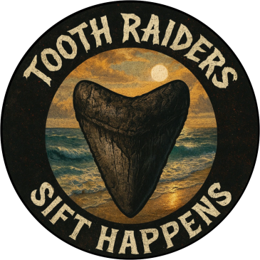 Vintage logo with a giant tooth and ocean sunset, captioned 'Tooth Raiders Sift Happens'.