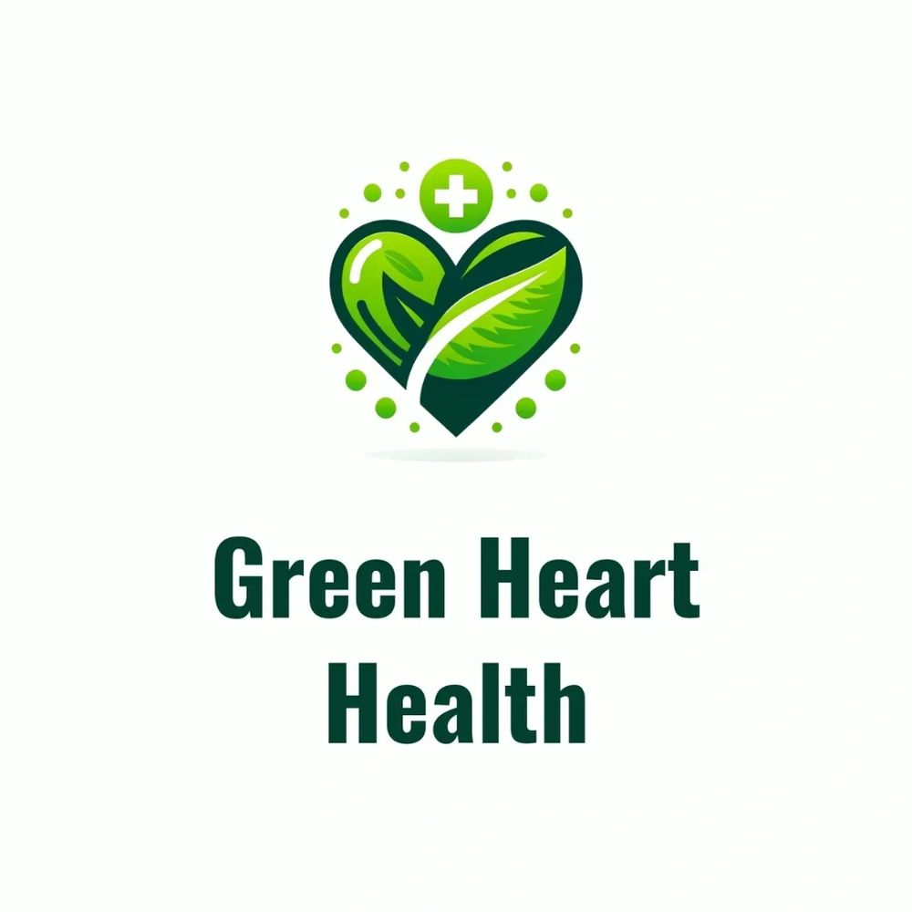 Green heart with leaves and a medical cross, symbolizing health and nature.