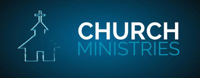 Graphic of a church with the words 'Church Ministries' on a blue background.