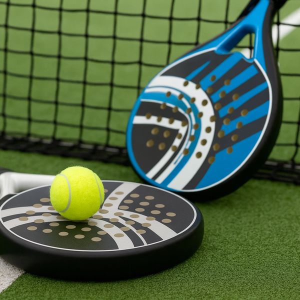 Two padel rackets and a ball on a green court near the net.