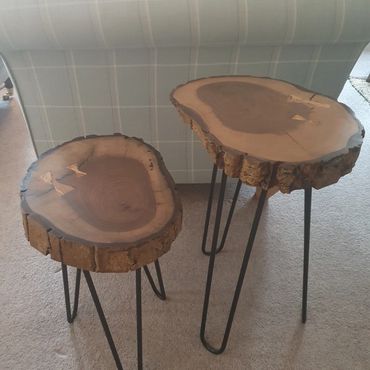 Walnut disc side tables with hairpin legs