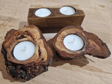 Oak burl and laburnum tea light holders