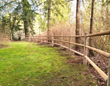 A wooden fence alongside a grassy path in a wooded area.