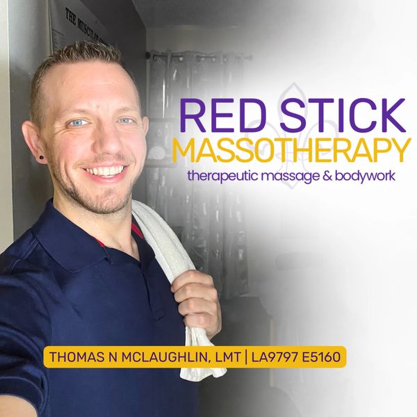 Smiling massage therapist promoting Red Stick Massotherapy services.